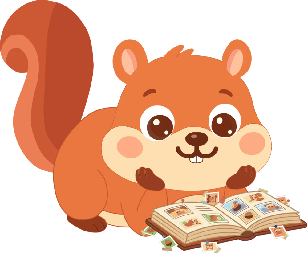 Picky the squirrel reading a photo album