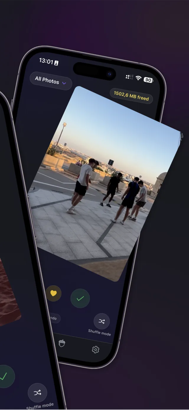 Two tilted phones mid-swipe, with keep, favourite and shuffle controls
