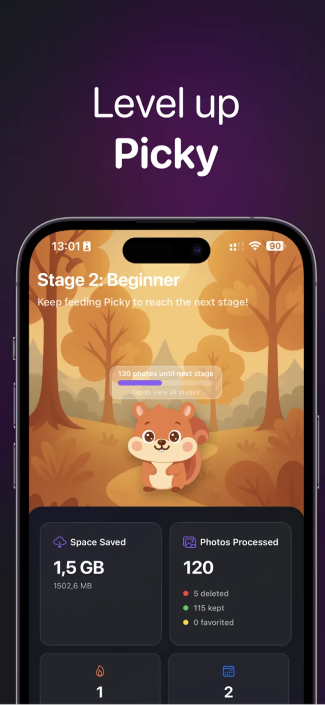 Level up Picky: the statistics screen showing Stage 2 with the squirrel in a forest